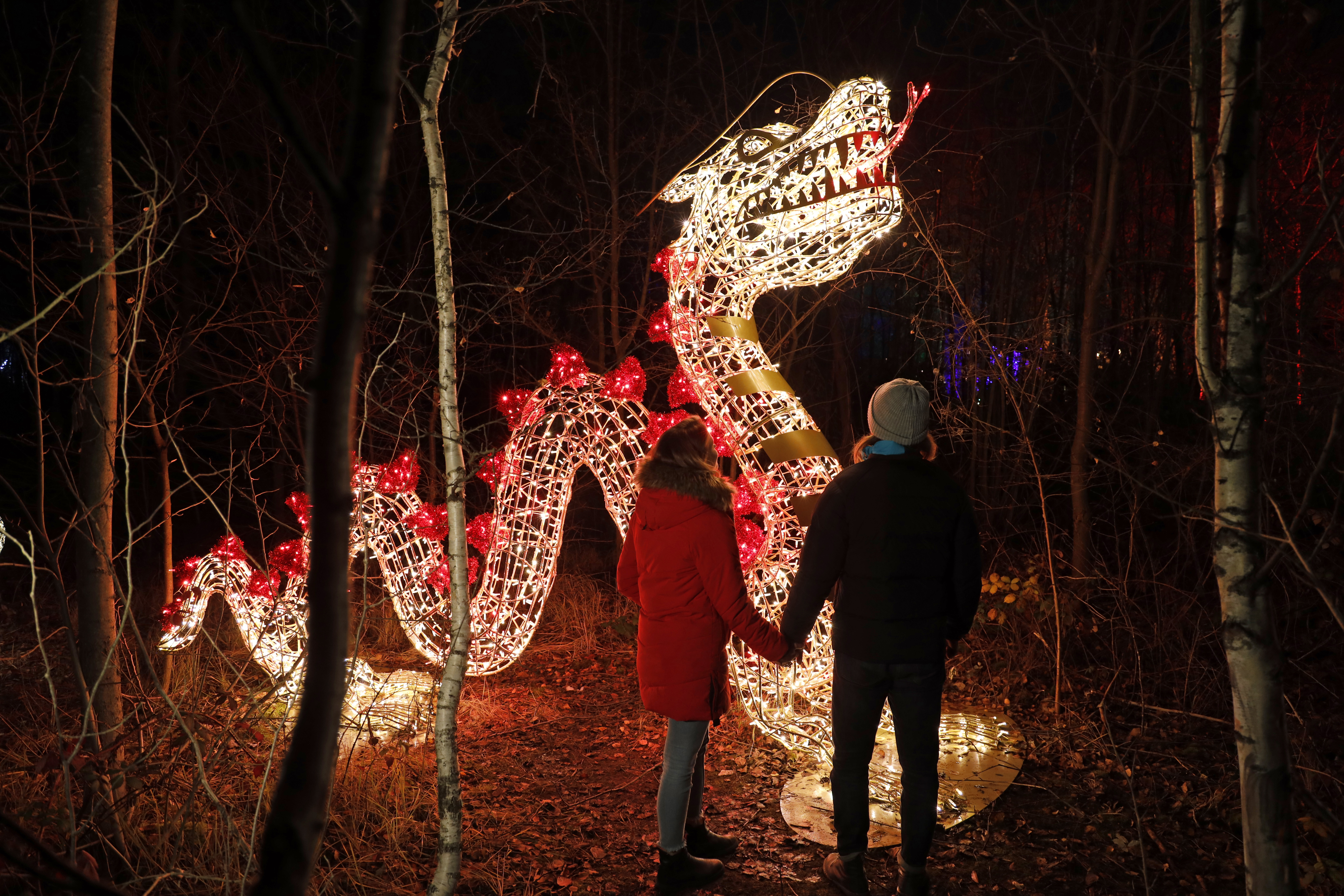 Freizeitpark bei Nacht mit architektonischer und dekorativer Beleuchtung von MK Illumination, Besucher genießen die stimmungsvolle Atmosphäre.